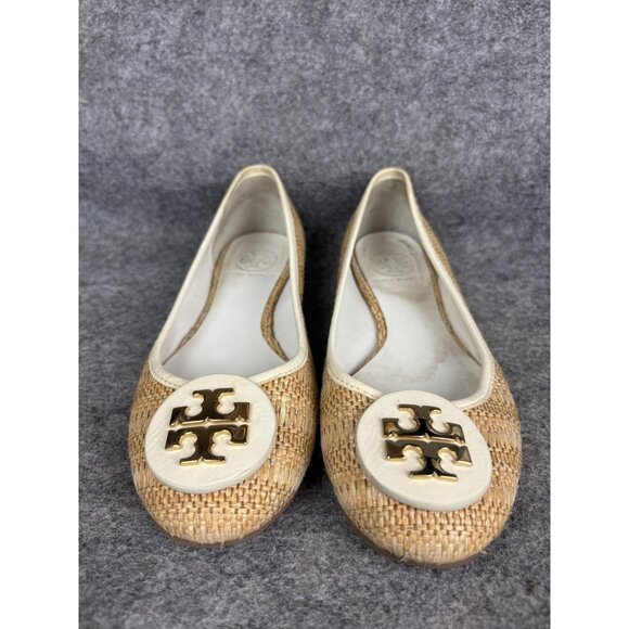 Tory Burch Shoes Womens Size 8 Natural Raffia Woven Logo Ballet Flats White Gold - Picture 1 of 8